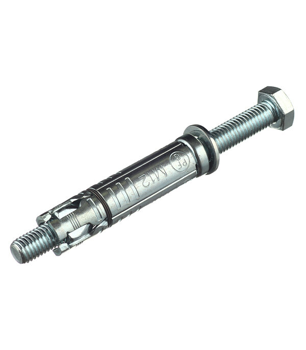 Принцип, по которому работает анкерный болт с гайкой, достаточно прост. Заключается он в следующем: при закручивании гайки помещенного в отверстие анкерного болта его шпилька втягивается в отверстие во втулке, разжимая своим конусным концом лепестки. Высокую надежность фиксации такого крепежа в предварительно подготовленном отверстии обеспечивается и тем, что его распорная втулка изготовлена методом литья и не имеет на своей поверхности сварных швов, ослабляющих ее конструкцию. Чтобы не допустить углубления гайки в отверстие, на резьбовую часть анкерного болта обязательно надевают стопорную шайбу.