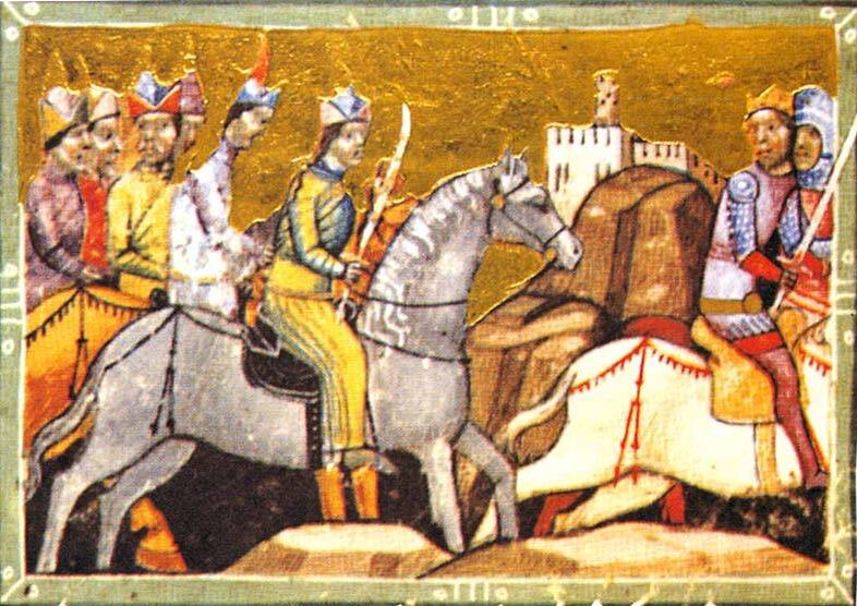 Бела IV бежит от монгольского войска в битве на реке Шайо. Chronicon Pictum