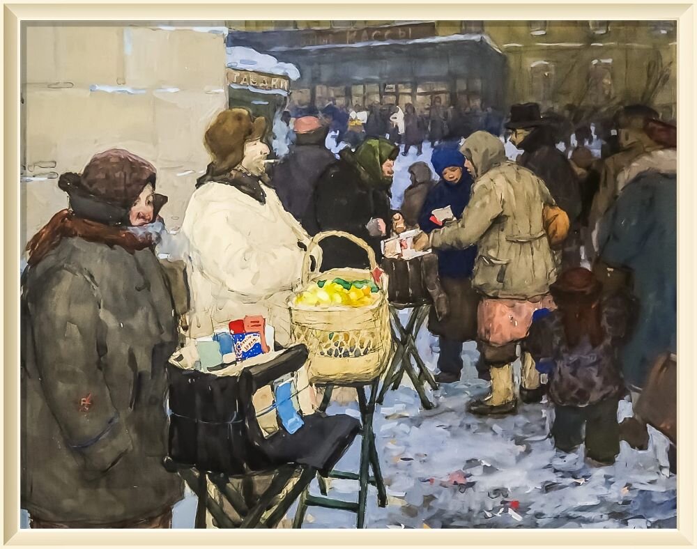 © Ви́ктор Ефи́мович Попко́в / Victor  Popkov "Продают лимоны". Бумага, акварель, 41 х 52 см. 1960 год.
