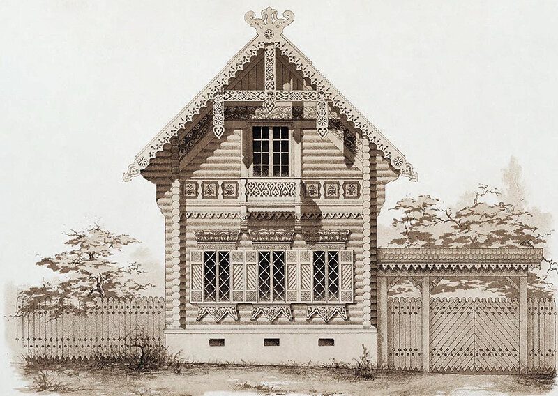 Рисунок  из журнала "Мотивы русской архитектуры". Журнал издавался в конце 19 века. Публиковал проекты и эскизы жилых домов, общественных зданий, мебели, декора, созданные последователями "русского стиля" в архитектуре.