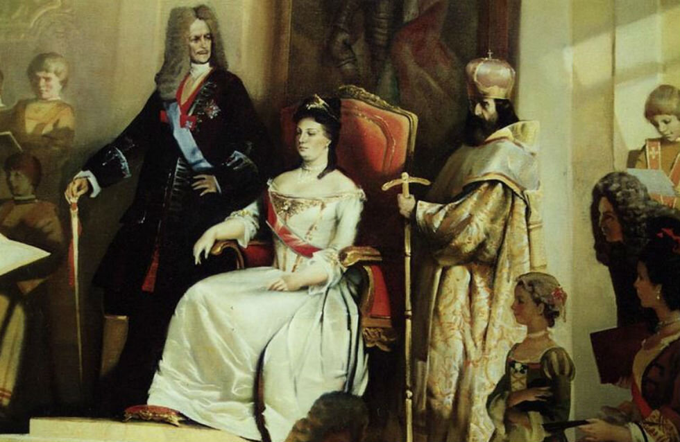 "Первое торжественное заседание Академии Наук России в присутствии Екатерины I и Меншикова", художник А.Г. Николаева-Берг, 1996 г.