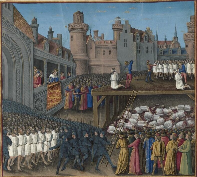 Миниатюра Жана Коломба из книги «Походы французов в Утремер» Себастьена Мамро  
«Избиение пленных мусульман Ричардом Львиное Сердце» (Третий крестовый поход)