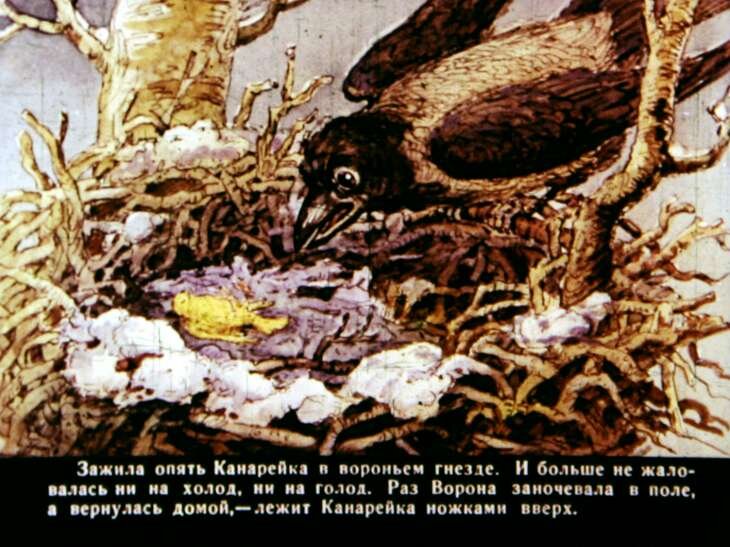 Фрагмент советского диафильма - суровый финал сказки о канарейке. Сцена с воробушком, однако, не вошла.