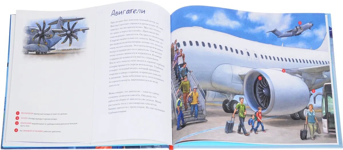 Рассматривая картинки, можно вместе придумывать истории о пассажирах — кто они, куда и по каким делам летят. «Как устроен самолёт» Хенрика Люрса и Бернда Вагенфельда.