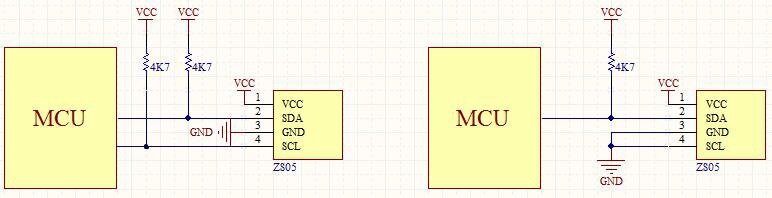 
Рис. 1. Схемы включения ZS05 с интерфейсами I2C и single bus