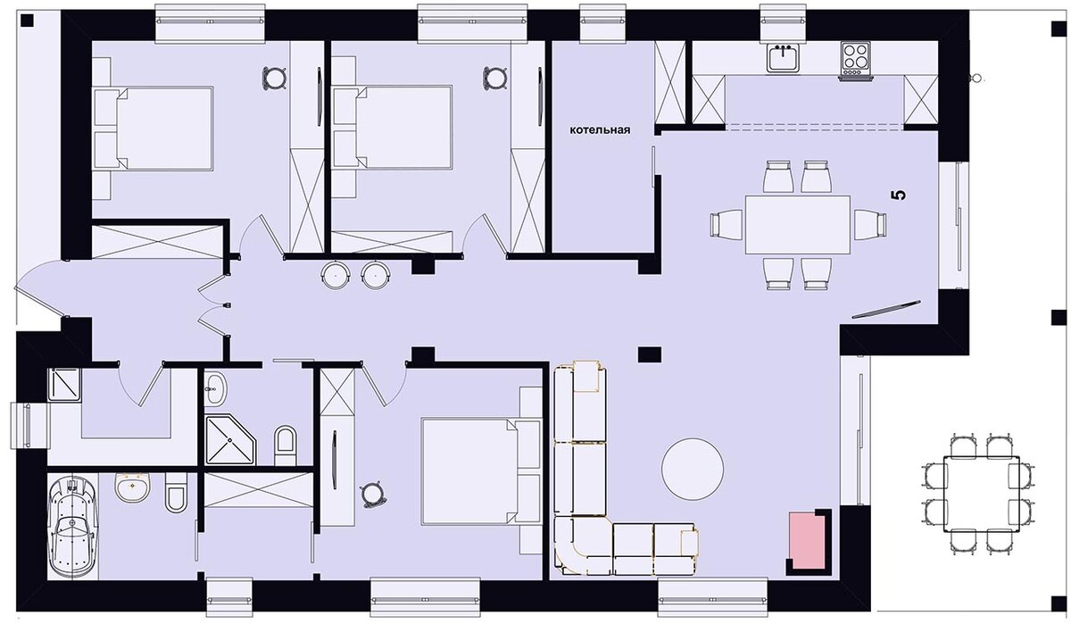 Ещё один вариант для тех, кому не нужна терраса в спальне, но нужен выход из столовой. Здесь немного по-другому расположены окна.
