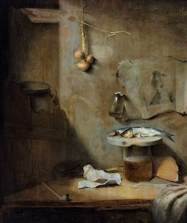 Христофер Паудисс, «Натюрморт с рыбой и луком», 1660, дерево, масло, 86,5 х 73 см, Муниципальный музей Бойманса-ван Бенингена, Роттердам