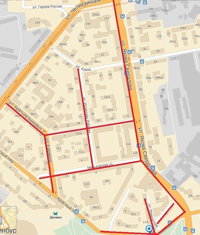 Якова Свердлова - Мельковская - Испанских рабочих - Братьев Быковых - Еремина - Лермонтова - Физкультурников - Николая Никонова (Екатеринбург)© Яндекс