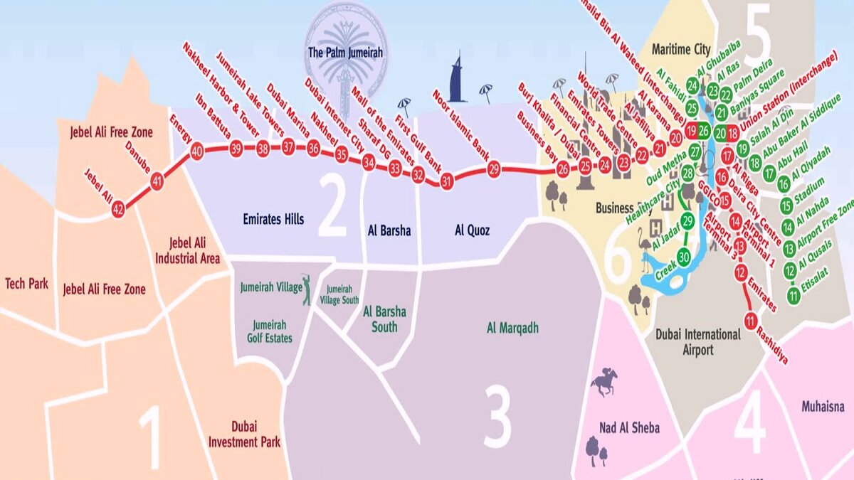 Схема метро в Дубае с достопримечательностями.