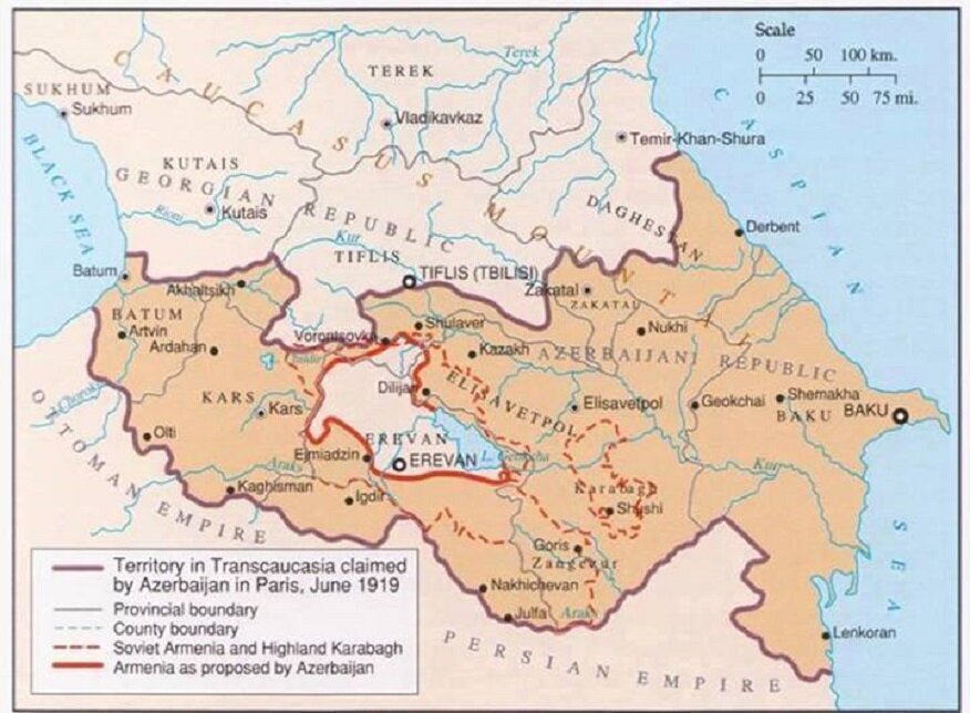 Представленная АДР на Парижскую мирную конференцию. Ничего нового. Вот как выглядели территориальные претензии турецкого сателлита — квази-государства «Азербайджан» ещё в 1920 году.