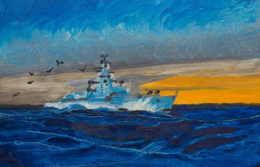 Конецкий В. «И стая стремительных чаек гвардейцев проводит в поход…»                                        2000 г. Холст, масло 
