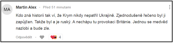 - Мартин Алекс: «Кто интересуется историей, тот знает, что Крым никогда не принадлежал Украине. Если сказать по-простому, то был просто сдан ей в аренду. Так что он был и есть русский. И я не понимаю этой провокации Британии. Однажды медведь рассердится и будет плохо».