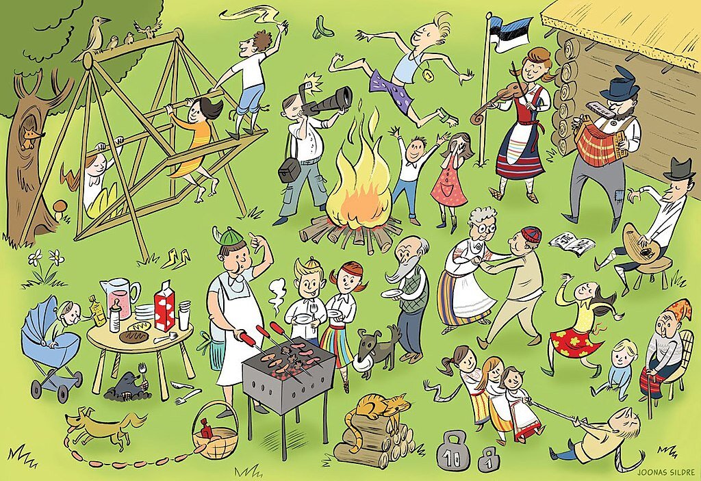 Эстонская карикатура про Юханнус. Видны все активности: музыка, танцы, подвижные игры, прыжки через костёр