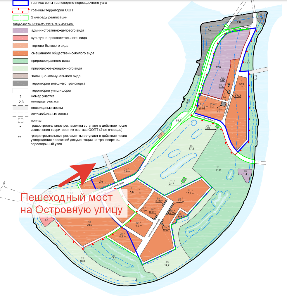 Пешеходный мост в створе Островной улицы на карте