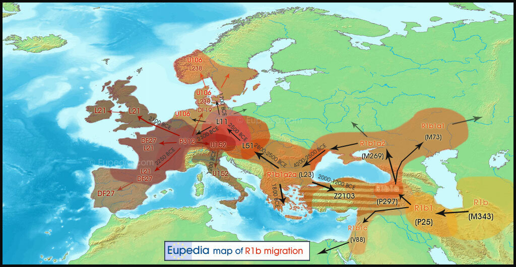 Завоевание Западной Европы индоевропейцами-носителями R1b (по данным Eupedia)