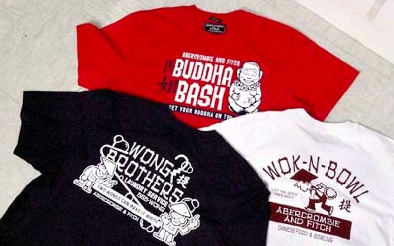 Оформление футболок A&F с карикатурами азиатов. 