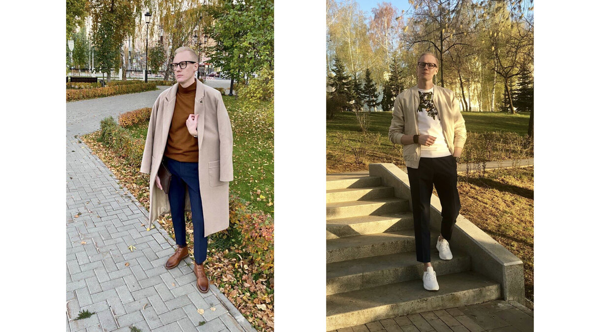 Слева: пальто из капсульной коллекции, водолазка Massimo Dutti, брюки Zara, ботинки Carlo Pozalini. Справа: льняной бомбер и свитшот Zara, брюки Pal Zileri, кроссовки Nike