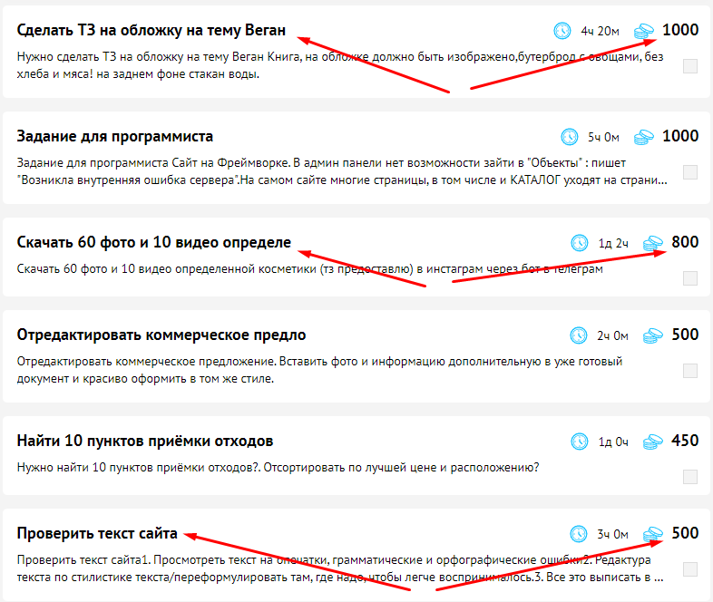 Задания на бирже. Слева задания, справа цена на них.