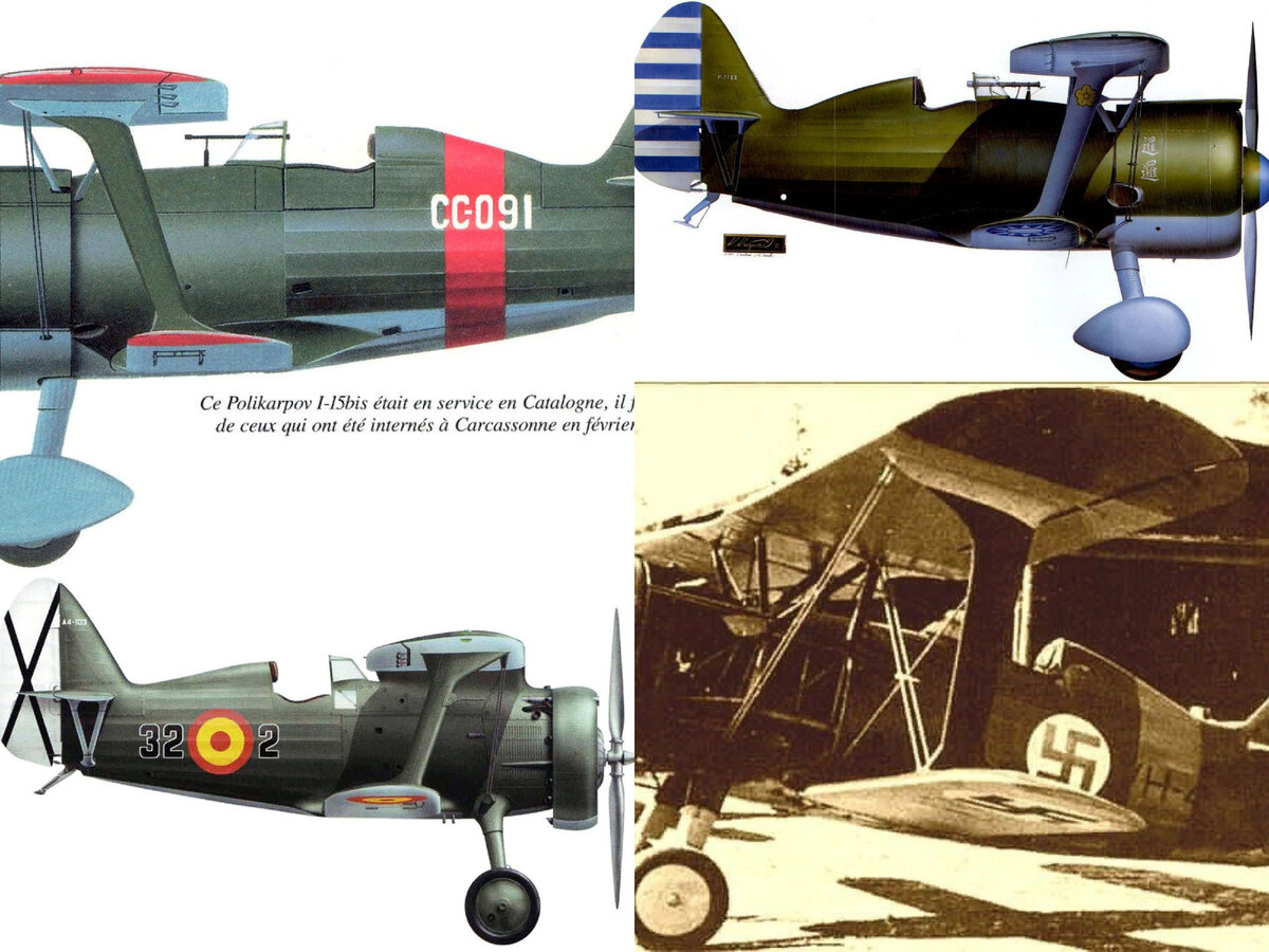 И-15бис в раскраске разных стран - слева республиканская и франкистская Испании; справа Китай и Финские ВВС