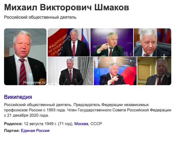 Член партии Единой России. Скриншот Яндекс поиск, источник Википедия.