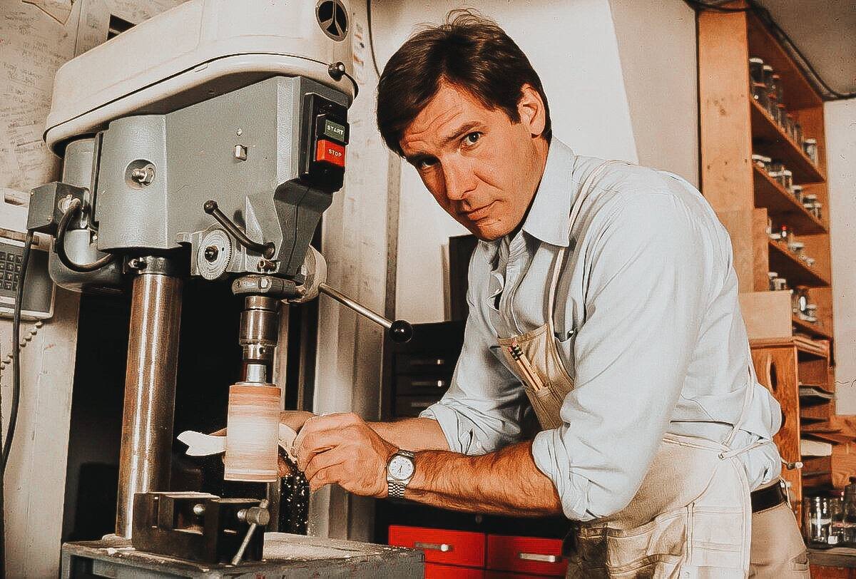 Харрисон Форд в столярной мастерской. Неудачливый в то время актер, Форд освоил столярное дело, чтобы прокормить семью