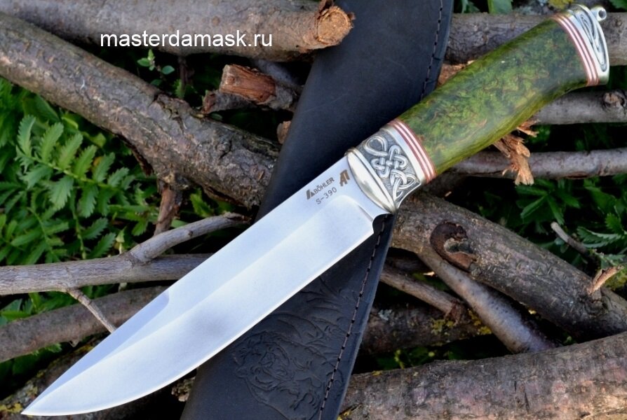 Нож Скорпион сталь S390 рукоять стабилизированная карельская берёза, литьё мельхиор