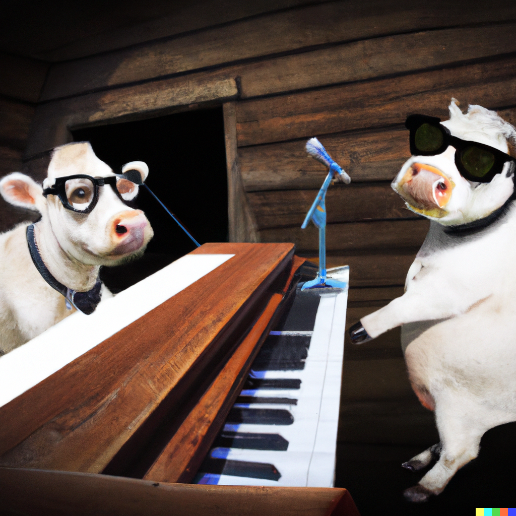 Корова играющая на пианино в амбаре