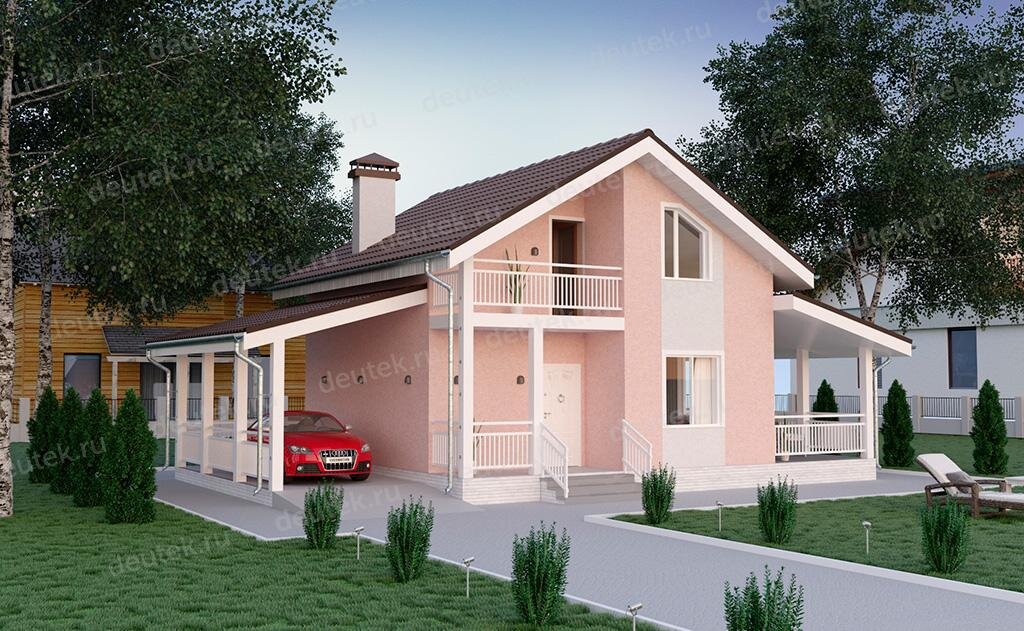 Проект каркасного дома 120 м2 с мансардой, сауной, навесом, балконом и террасой - DTW0027