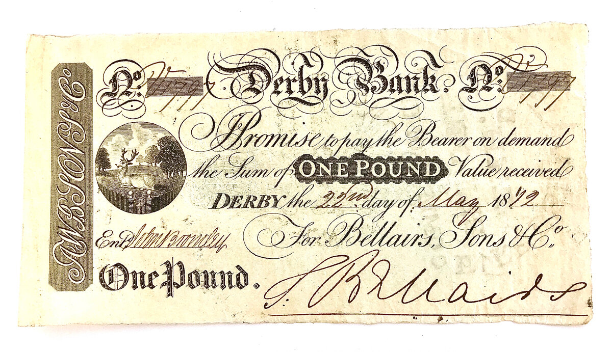 Derby Bank, 1 pound bank note № 1797 for Bellairs, Sons & Co. 22, May 1812 – из моей коллекции.