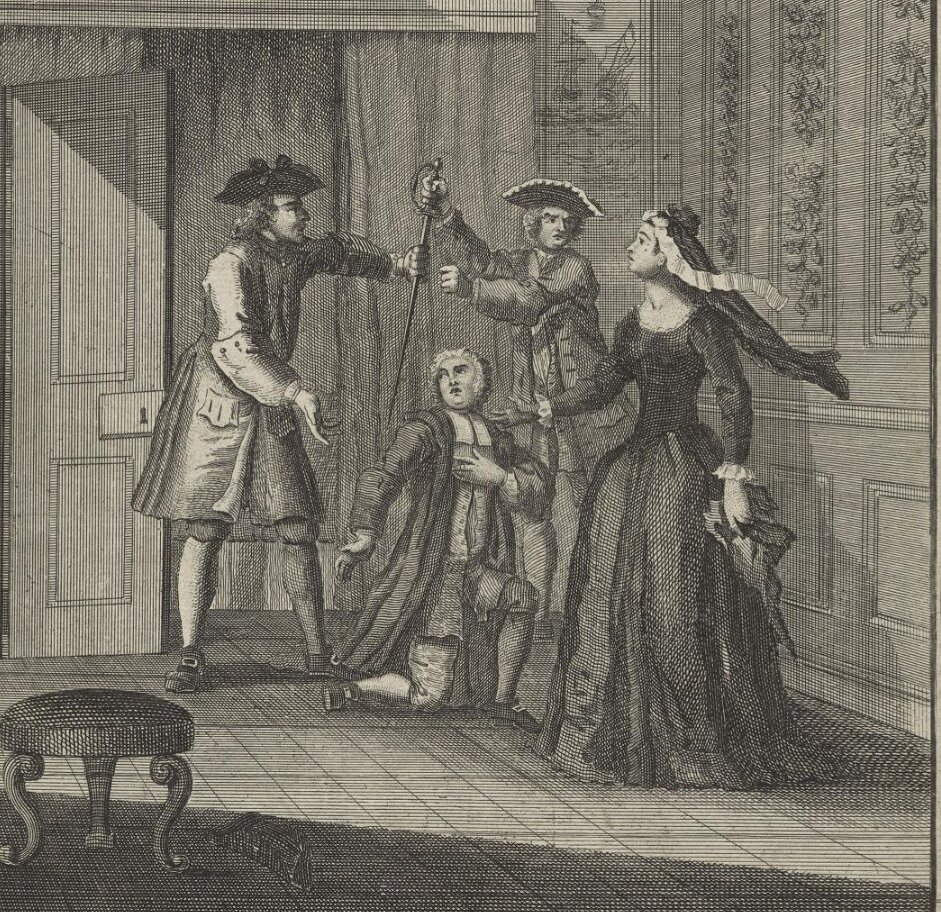 Гравюра с изображением Мэри Карлтон в роли немецкой принцессы со своим предполагаемым мужем во время прихода судебных приставов, худ. Джеймс Бейсир