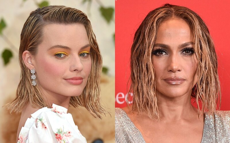 Марго Робби и Дженнифер Лопес с мокрыми укладками, которыми удобно маскировать жирные волосы (фото: Getty Images)