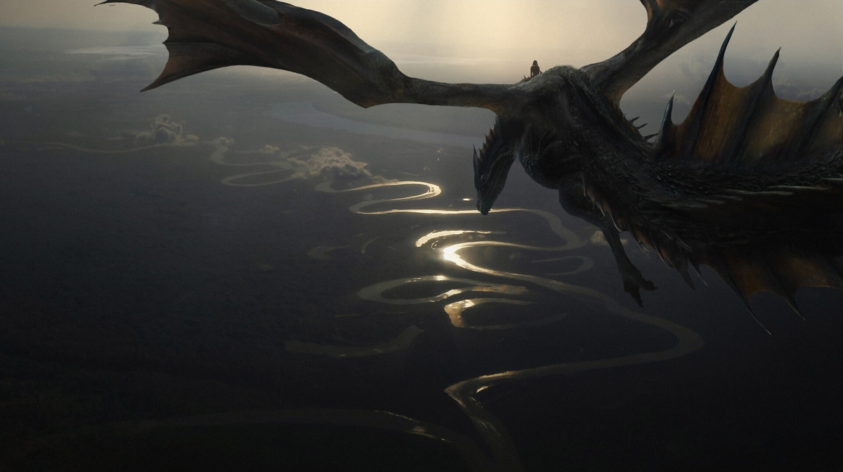 Джейнара Белейрис на драконе Терраксе облетает Соториос (арт Sven Sauer, www.artstation.com).