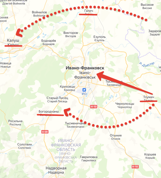 Галич, Калуш, Тлумач, Богородчаны. Создано на основе Яндекс-Карт