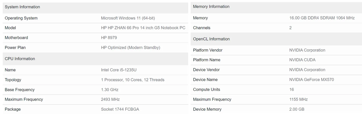 Спецификации NVIDIA GeForce MX 570, источник: Geekbench