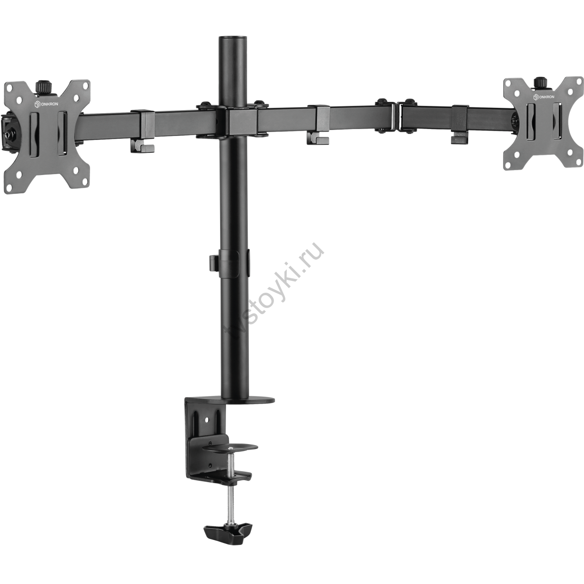 Конструкция этого кронштейна предусматривает регулировку по высоте с возможностью фиксации в диапазоне от 200 до 380 мм – это поможет выбрать удобное положение мониторов для комфортной работы. Портретная и альбомная ориентация каждого из 2х установленных мониторов позволят выполнять пользовательские задачи совершенно разной направленности. Комплектация, помимо стандартного набора с инструкцией и болтами, включает накладку для хранения регулировочных ключей.