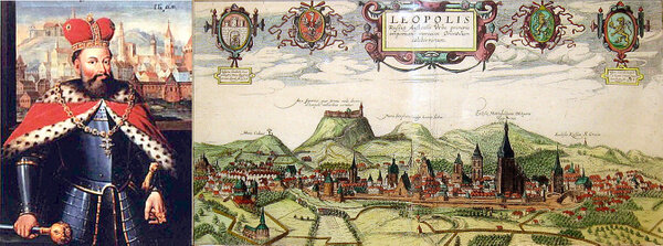 Портрет XIII века с изображением короля Даниила Галицкого на фоне Львова (слева). Литография "Львов", А. Гогенберг, 1918 г. Фото © Wikipedia