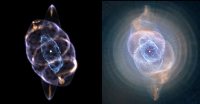    3D-модель, иллюстрирующая структуру туманностиСлева - Ryan Clairmont; Справа: NASA, ESA, HEIC, и The Hubble Heritage Team/STScI/AURA