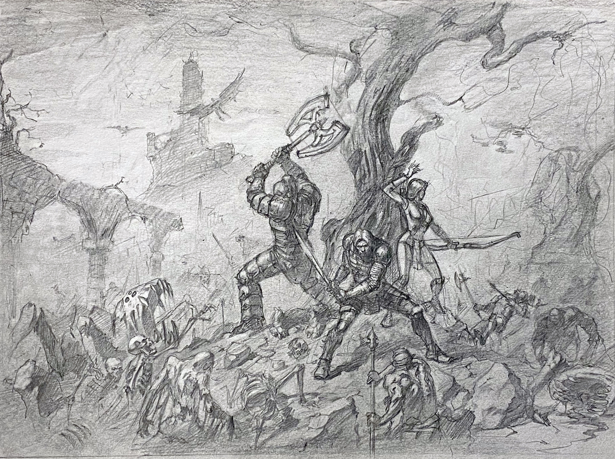 Набросок ключевого арта (Эпическое полотно), сделанный Тимуром Муцаевым от руки