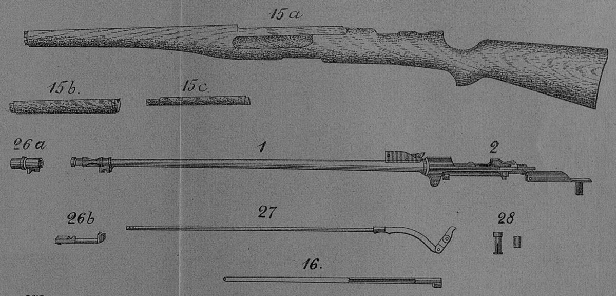 Основные детали винтовки Банга: 1. Ствол, 2. Ствольная коробка, 15. Ложа, 16. Рычаг затворной пружины с пружиной, 26. Надульник, 27. Рычаг.