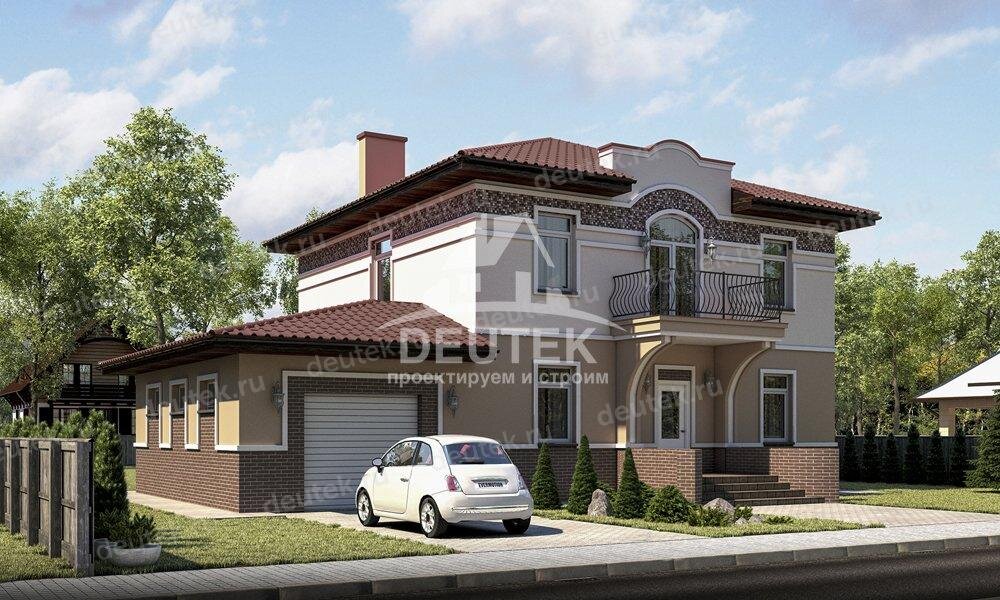 Проект двухэтажного дома 220 м2 из газобетона с гаражом, кабинетом, балконом и террасой - LK-97