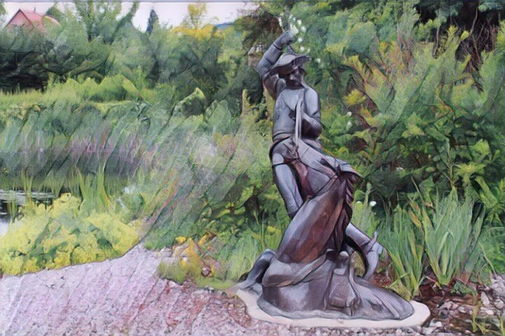 Скульптура в Гурьевске, посвящённая одному из подвигов барона Мюнхгаузена. В частности, тому моменту, когда он за волосы вытаскивает себя и коня из болота. Фото из открытых источников, авторская обработка.  