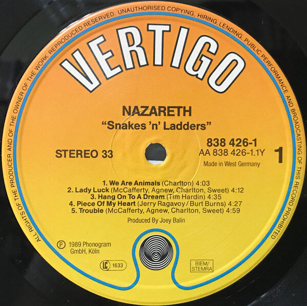 Яблоко винила NAZARETH “Snakes ‘n’ Ladders” 1989 - Vertigo / Phonogram