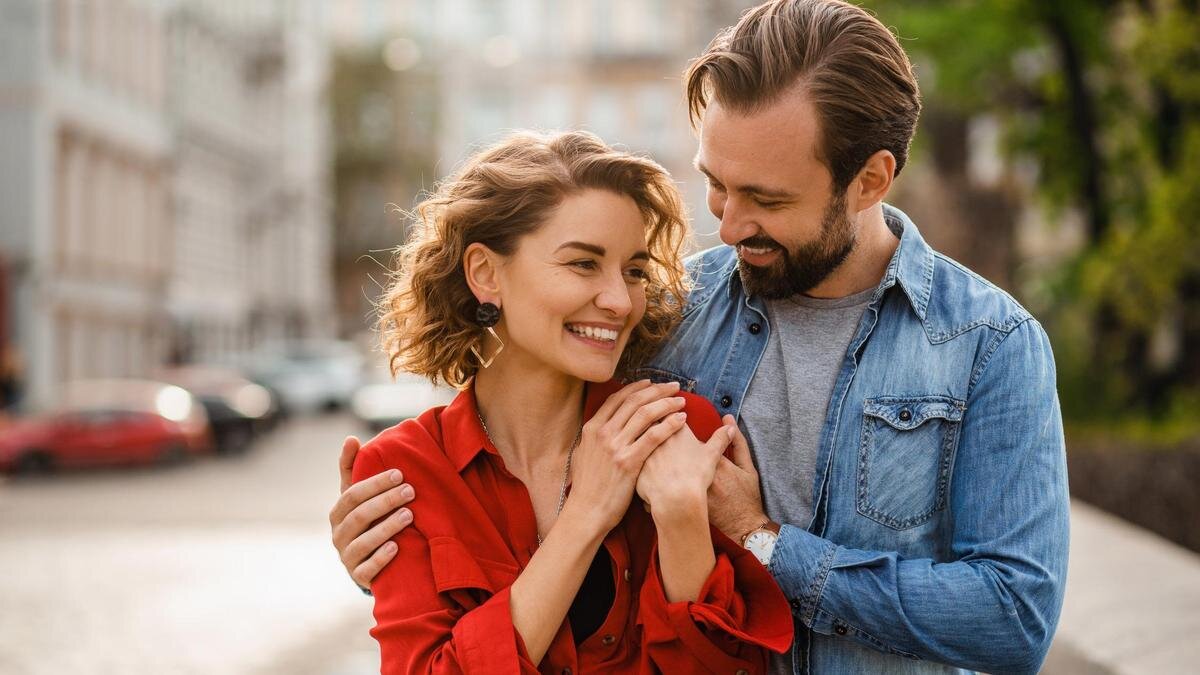    Мужчина обнимает женщину за плечи:Freepik