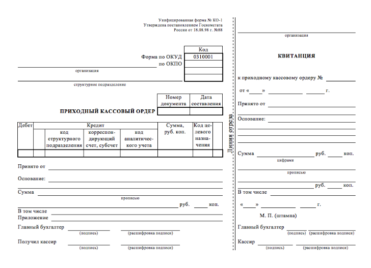 Печать на приходном кассовом ордере образец