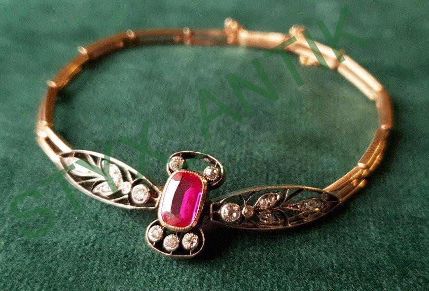 Браслет женский золото клеймо 56 пр. Мастер "ЯР". Рубин Бриллианты. Царская Россия. Модерн