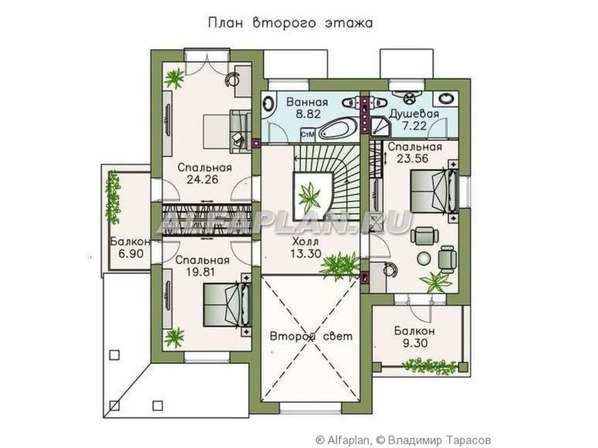 2. Планировка дома по проекту 98А "Голицын" 
На втором — 3  спальных и 2  ванных комнаты. Одна из спален имеет собственную ванную комнату. Из холла, с балкона, открывается красивый вид в двусветное пространство гостиной.