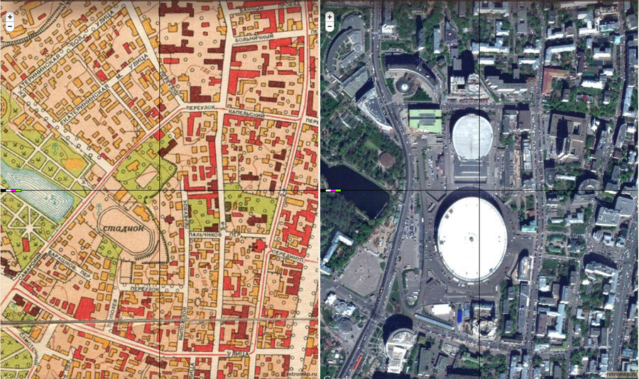 Сравнение карты 1952 года и современного спутникового снимка этих мест. На старом плане хорошо видно, что находилось на месте «Олимпийского» и прилегающих кварталов. Оранжевым показаны деревянные дома, красным — каменные, тёмным — большие каменные. Видны исчезнувшие улицы и переулки.
