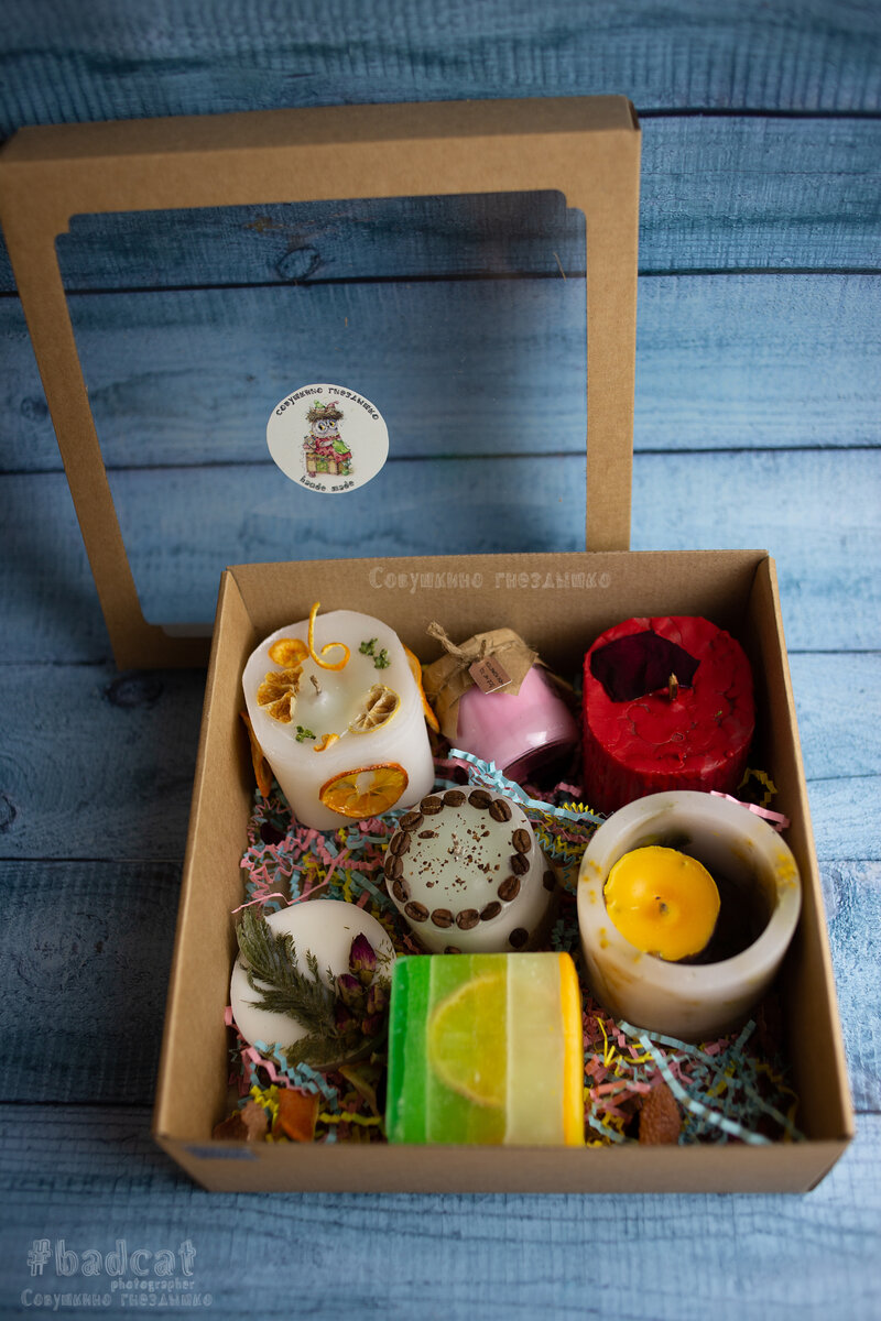 подарочный  набор  из декорированных  свечей совушкино  гнездышко