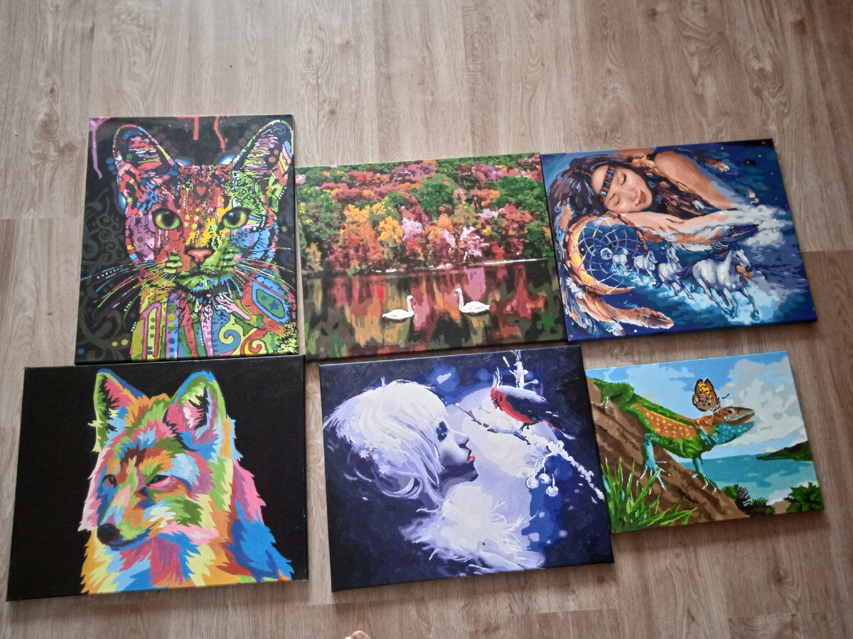 Лебеди, девушка с ловцом снов- RADUGA, Кошка, лиса - Артемания, девушка со снегирем  хамелеон - Paintboy