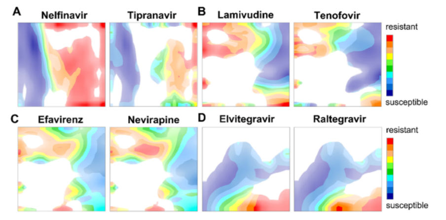 Рисунок. Цветовая карта с отображением множества последовательностей белков ВИЧ с данными об их устойчивости к различным классам препаратов для лечения ВИЧ-инфекции. (A) ингибиторы протеазы ВИЧ; (B) нуклеотидные ингибиторы обратной транскриптазы ВИЧ; (C) ненуклеозидные ингибиторы обратной транскриптазы; (D) ингибиторы интегразы. Красный цвет соответствует последовательностям от наиболее устойчивых вариантов, синий — от наиболее восприимчивых к антиретровирусной терапии.